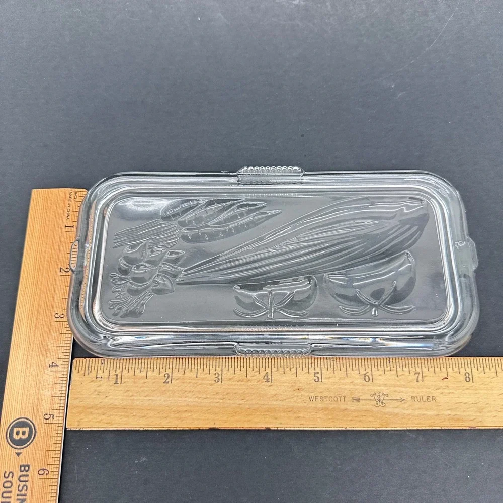 Federal Glass Refrigerator Dish Lid Vintage 8.5x4.25 Clear Embossed Vegetable